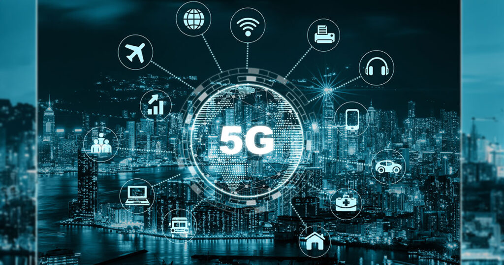 GとIoTネットワークの概念図。デバイス間の高速通信と低遅延技術を活用し、効率的なデータ伝送を実現する仕組みを示す。