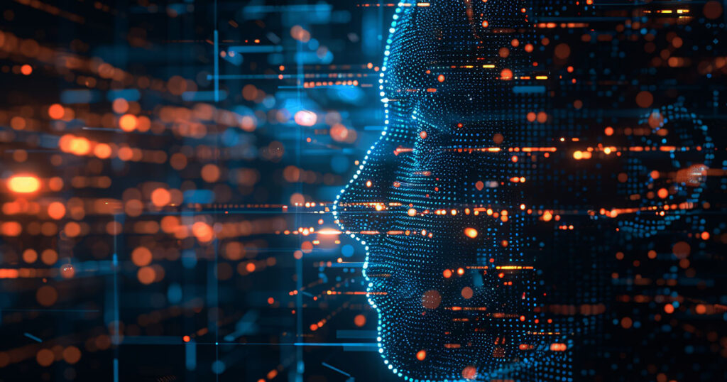 AIを活用した異常検知と画像解析のイメージ。機械学習アルゴリズムにより、製造業やセキュリティ分野で異常を検出し、データ解析を最適化する仕組みを示す。