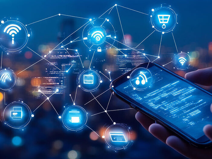 高信頼無線通信のイメージ図。スマートフォンを中心に、ネットワーク接続やデータ通信が可視化されたデジタルグラフィック。